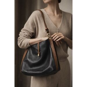 Valentino Mario Leather Shoulder Bag Black Brown Slouchy Hobo Italy Quiet Luxury